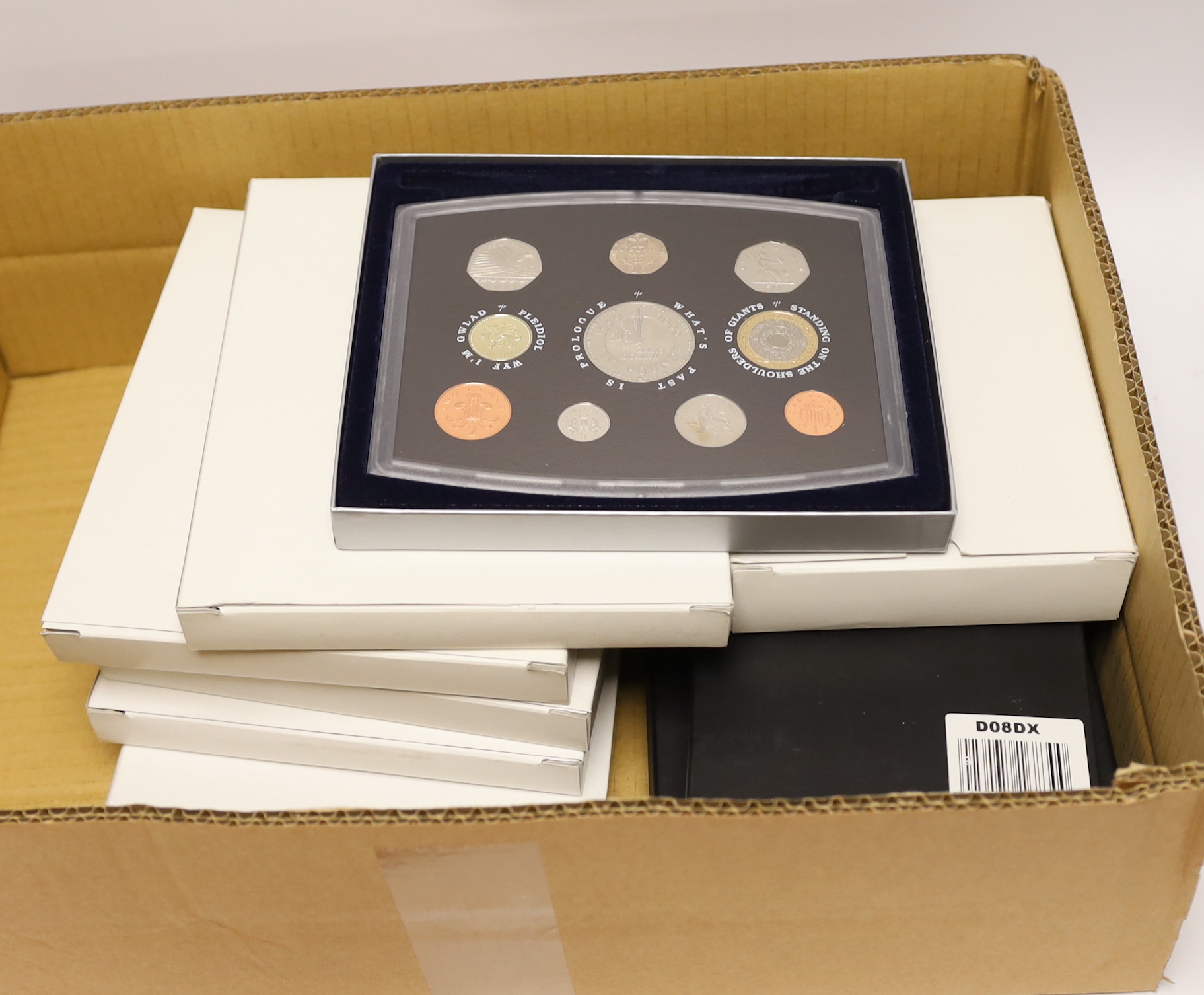 Royal Mint UK QEII proof coin year sets for 2000-2005, 2007, 2008 and 2012, 9 cases